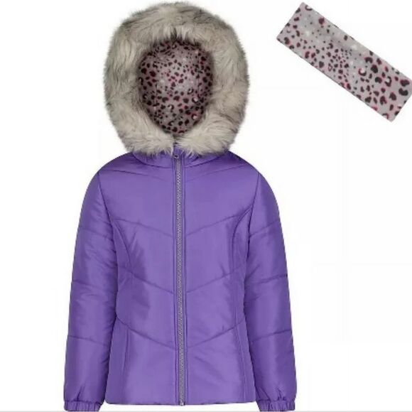 Weather Tamer Girls Purple Coat with Faux Fur Trim & Matching Headband - Picture 1 of 8